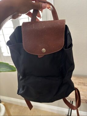 Longchamp Black Nylon Backpack with Brown Leather Flap